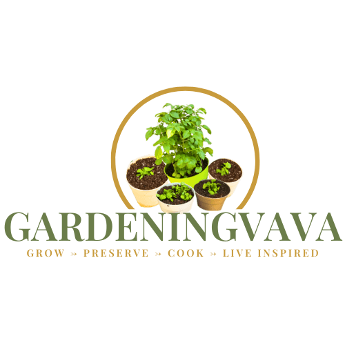 5 containers combine in circle undernerth is the word Gardeningvava in olive green color underneath the words "Grow," "Preserve," "Cook," and "Live Inspired" in clay color